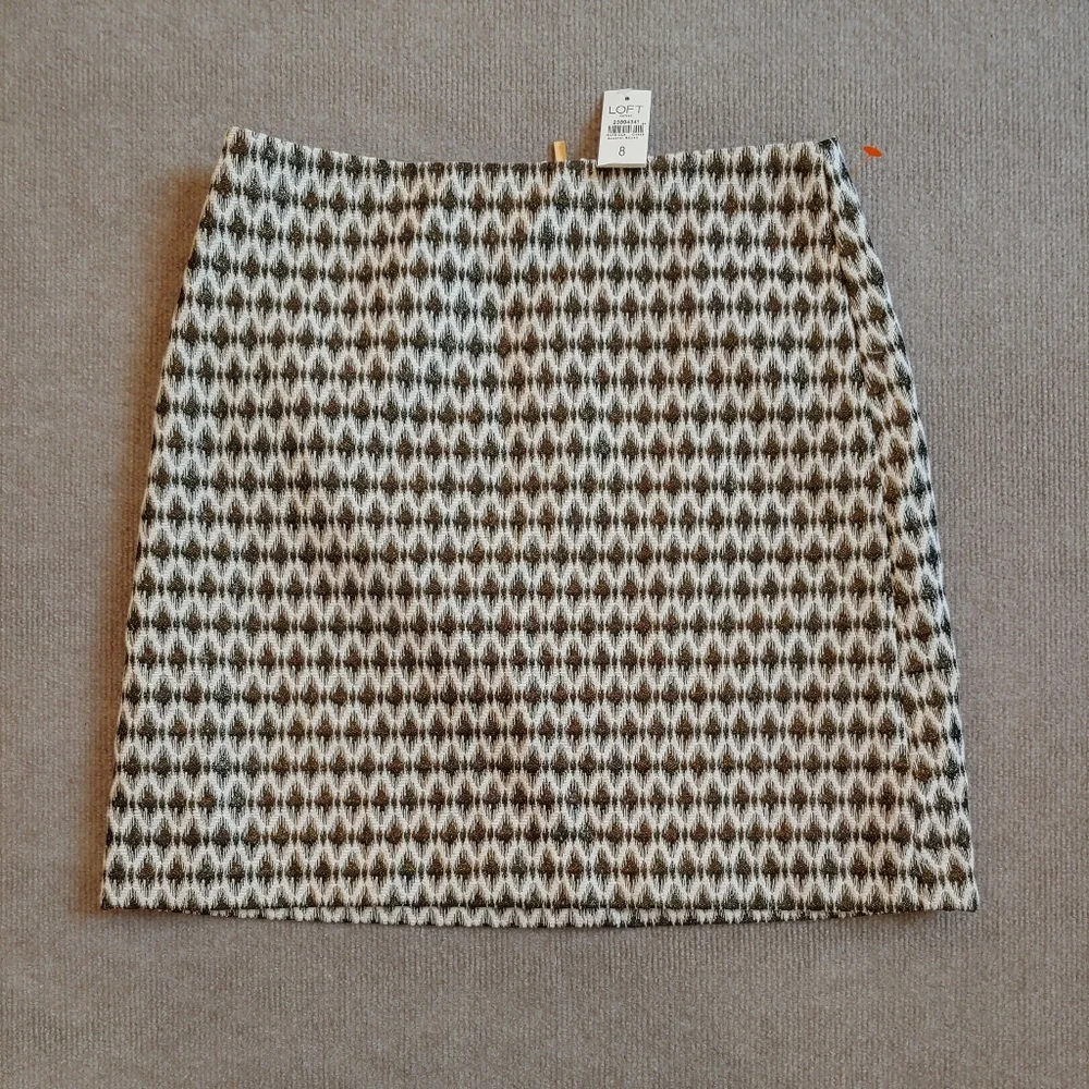 Ann Taylor LOFT Gold Metallic Pencil Skirt Size 8 White Geometric Design NEW